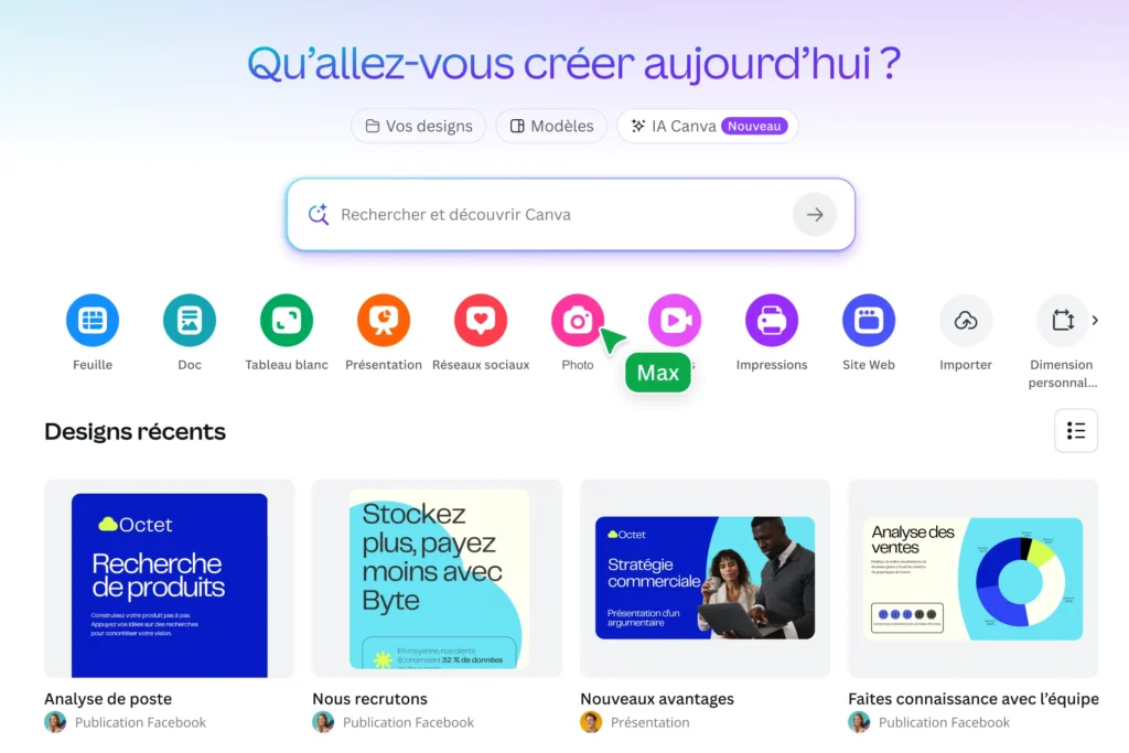 Avis Canva Pro : l'interface d'accueil de l'éditeur en ligne