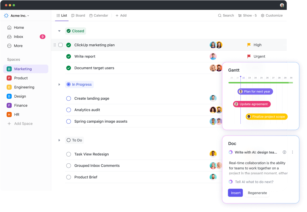 avis ClickUp : capture d'écran des vues Liste et Gantt avec l'assistant d'écriture IA ClickUp Brain