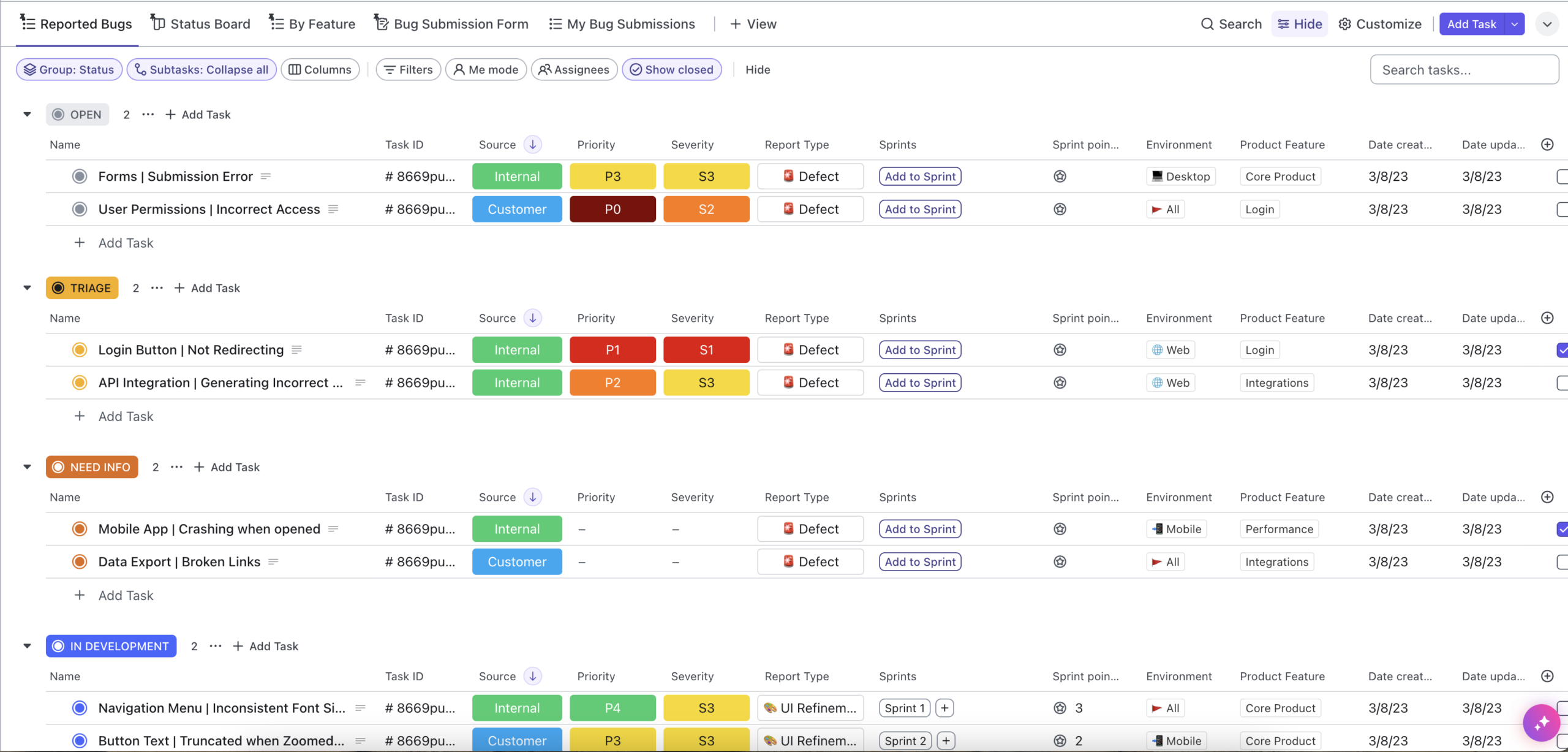 avis ClickUp : capture d'écran du tableau de suivi des tâches et des bugs sur ClickUp