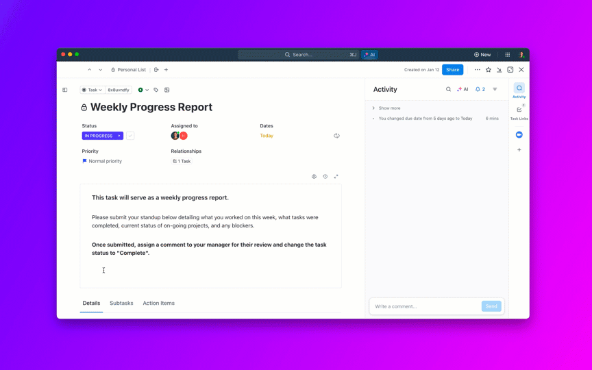 avis ClickUp : capture d'écran du fil d'activité et des commentaires d'une tâche sur ClickUp