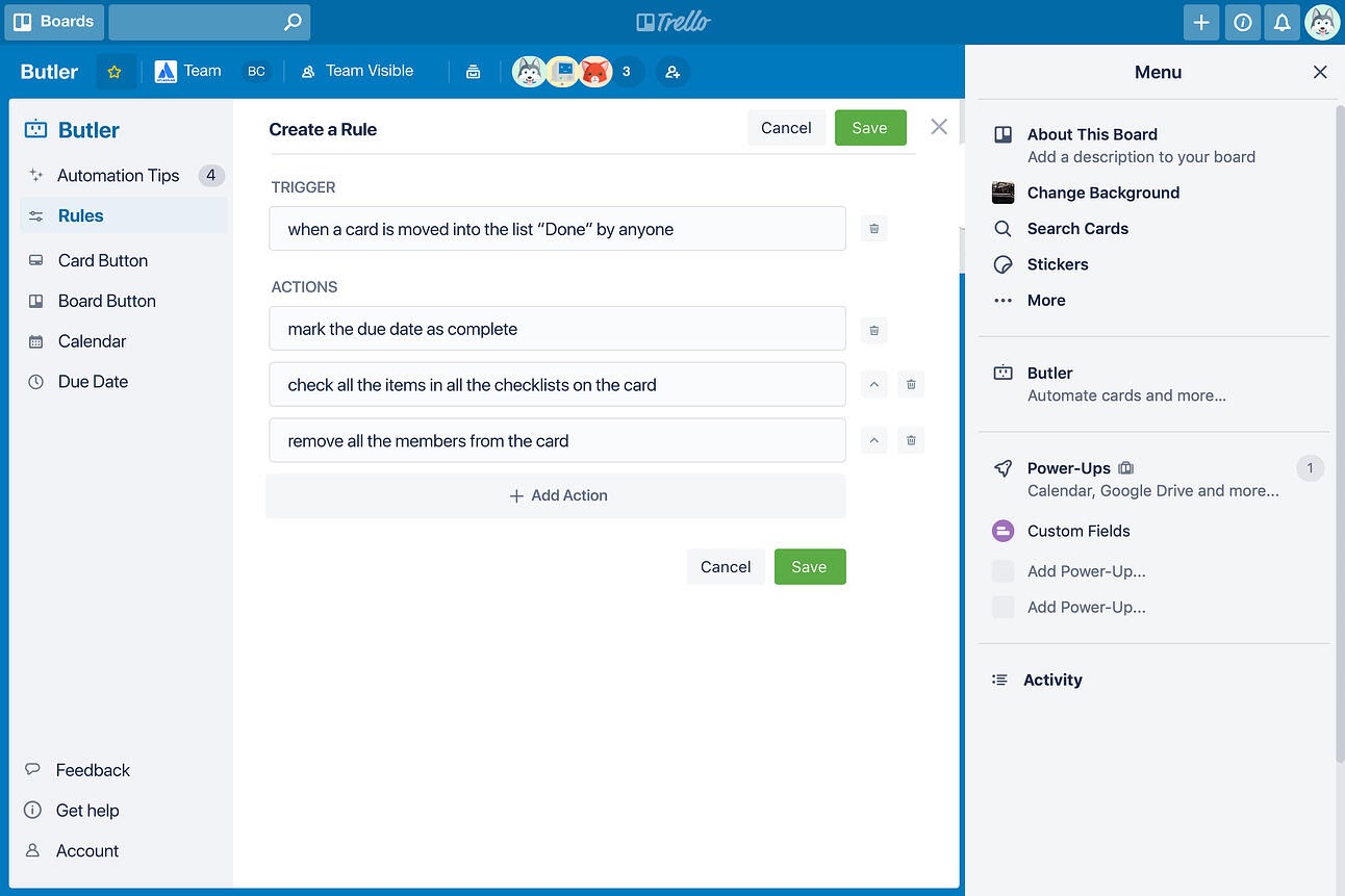 avis Trello : capture d'écran de l'automatisation Butler sur un tableau