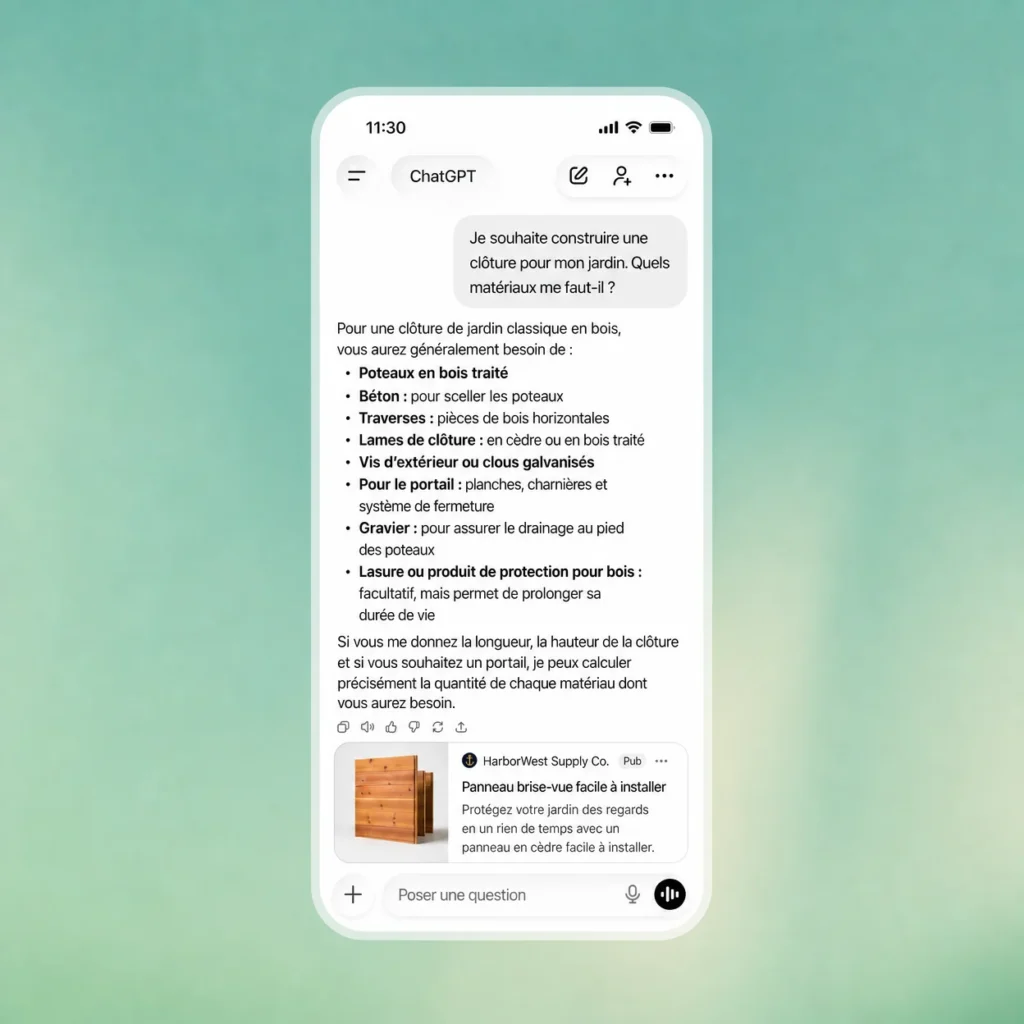 Annonce ChatGPT Ads affichée sous une réponse dans l'application mobile