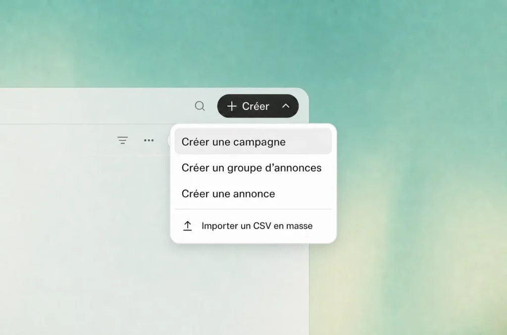 Ads Manager de ChatGPT Ads : le menu de création d'une campagne, d'un groupe d'annonces ou d'une annonce