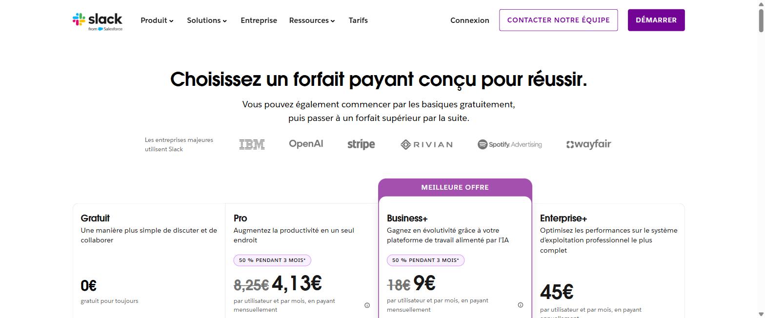 Grille tarifaire officielle de Slack, un exemple du coût des logiciels d'un entrepreneur par utilisateur