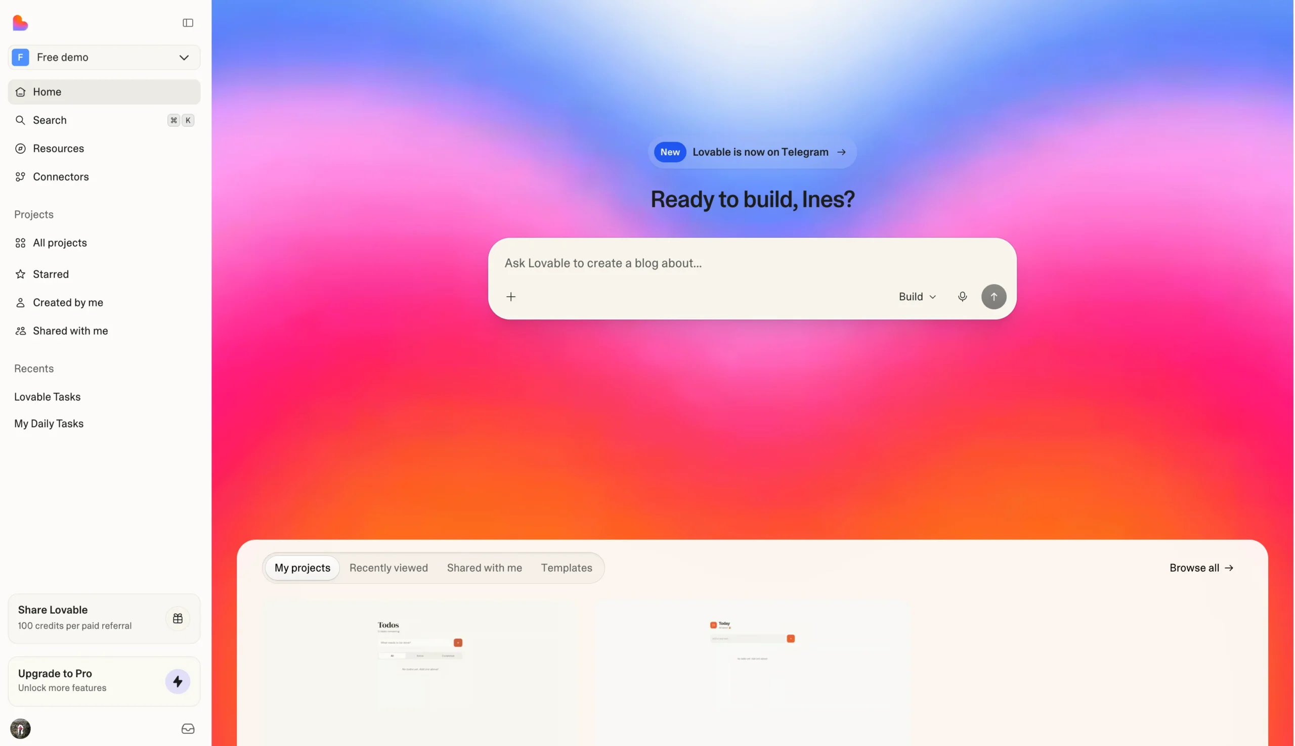 avis Lovable : tableau de bord Lovable avec la question « Ready to build ? »