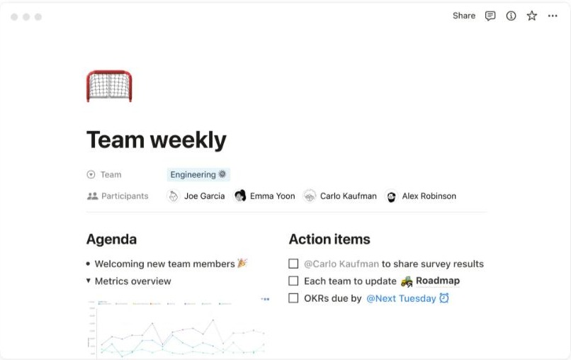 Notion vs ClickUp : interface d’un document Notion avec ordre du jour et tâches assignées