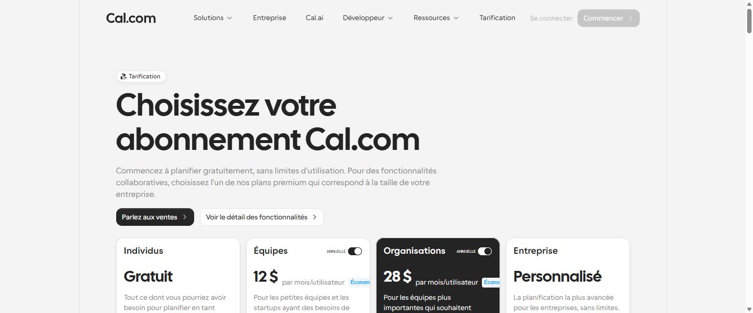 Alternative gratuite à Calendly : le plan gratuit Individus de Cal.com sur sa page de tarifs