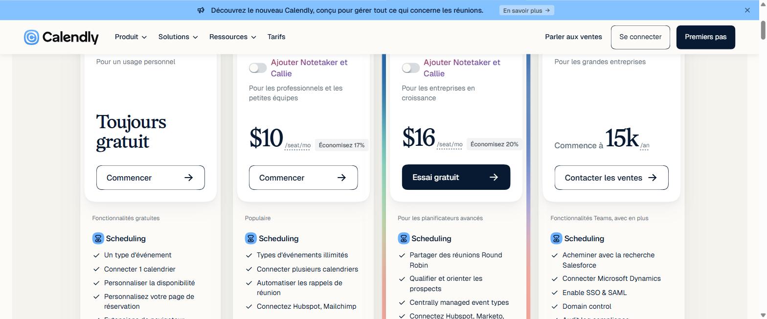 Alternative gratuite à Calendly : grille tarifaire officielle de Calendly, plan gratuit limité à un type d'événement