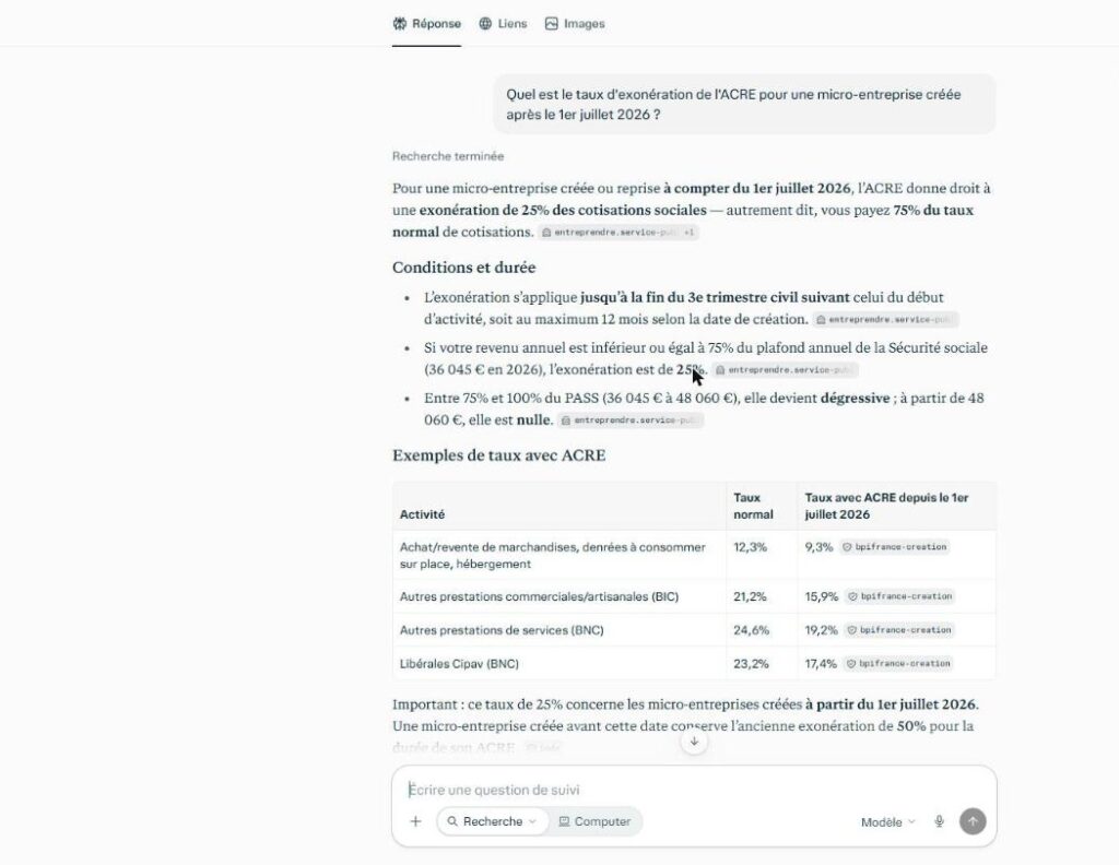avis Perplexity : tableau des taux ACRE mêlant un taux de 2025 et un taux de 2026