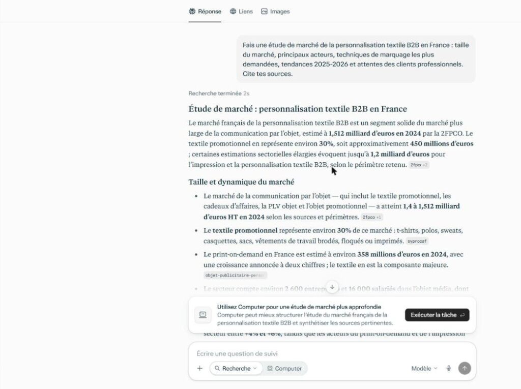 avis Perplexity : étude de marché de la personnalisation textile B2B en France, avec 25 sources