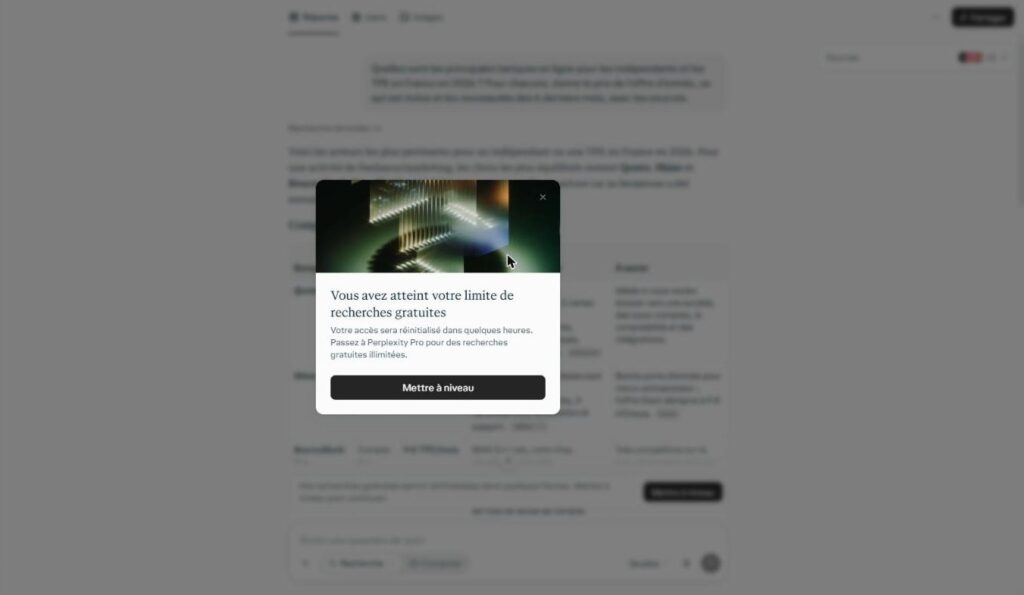 avis Perplexity : message de limite de recherches gratuites atteinte