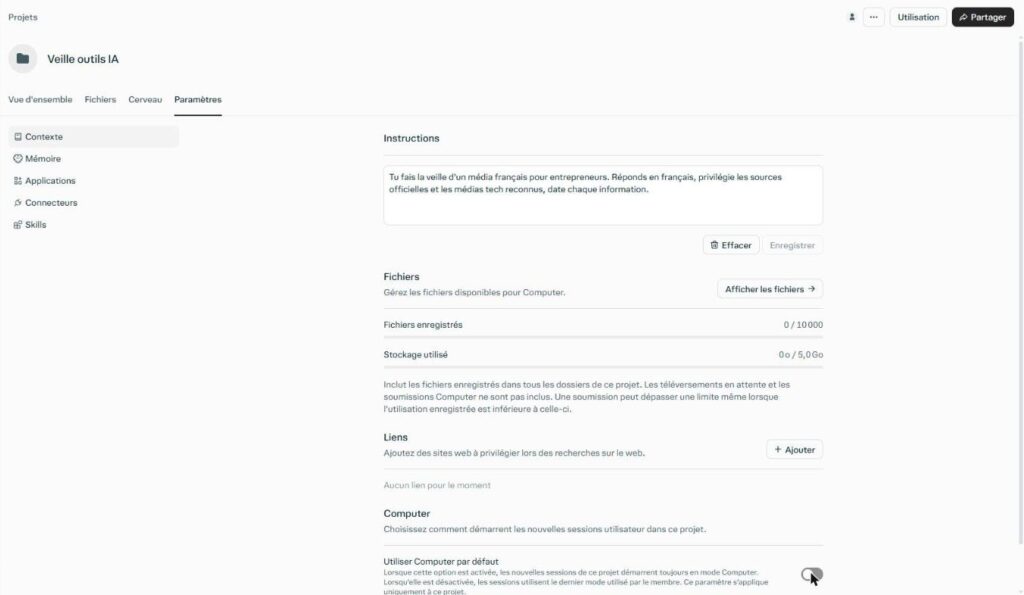 avis Perplexity : réglages d'un Projet de veille avec ses instructions personnalisées