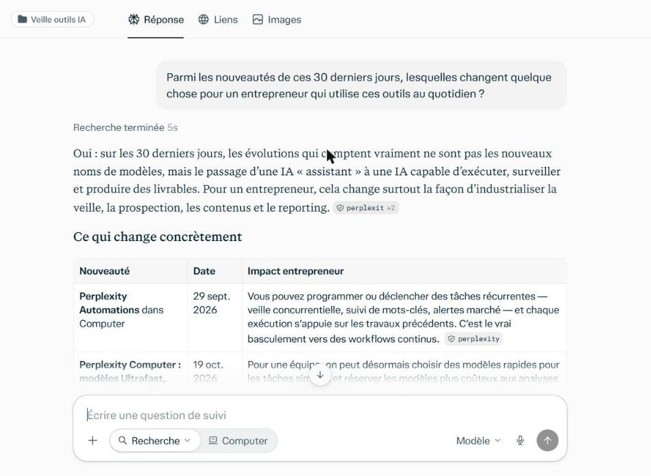 avis Perplexity : session de veille dans un Projet, avec les nouveautés IA classées par impact pour un entrepreneur