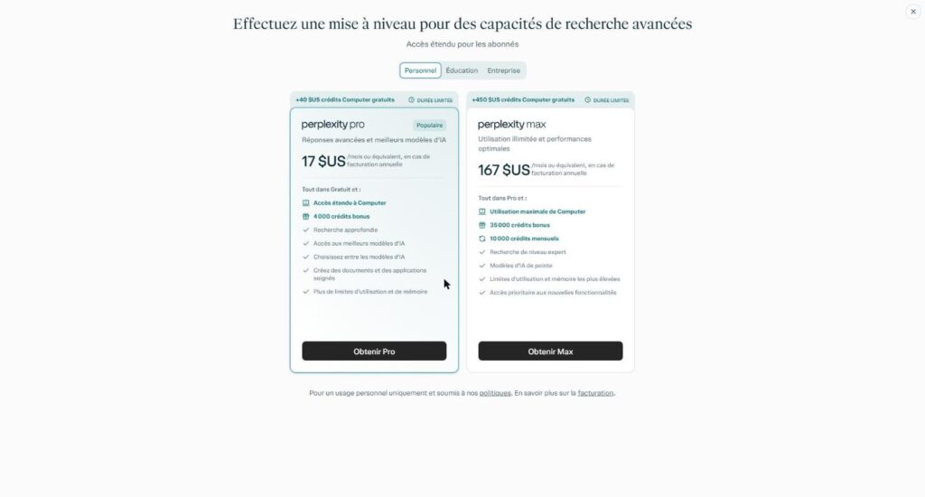 avis Perplexity : grille des formules Pro et Max affichée dans un compte gratuit, prix en dollars