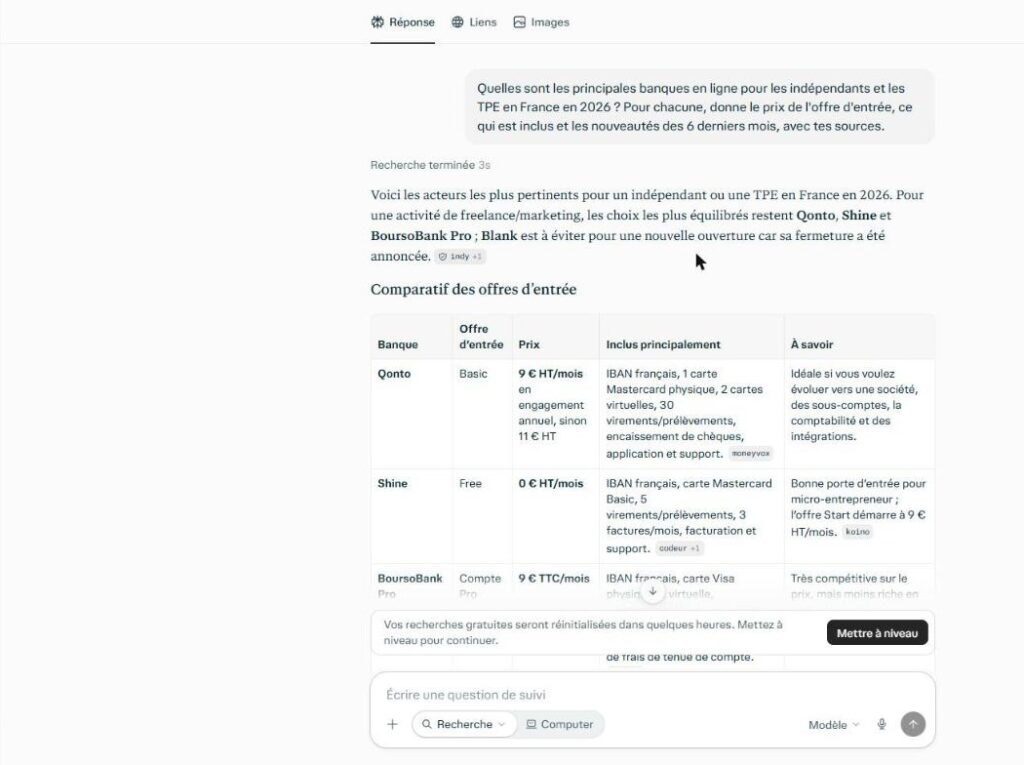 avis Perplexity : comparatif des banques en ligne pour indépendants, avec 31 sources citées